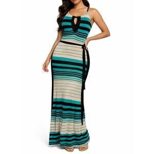 Resort Chic Striped Maxi Dress M Sculpting Side Panels Sleeveless Knit Keyhole